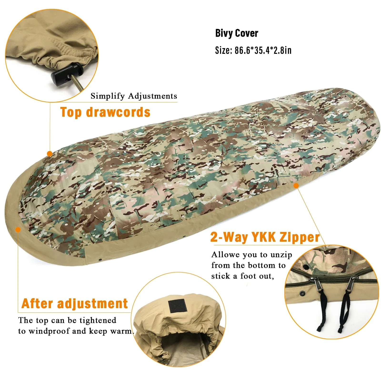 4-Piece Military Modular Sleeping Bag System -40℃ Extreme Cold, Waterproof Bivy Cover