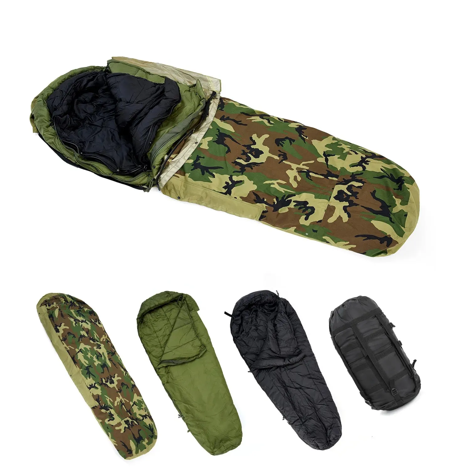 4-Piece Military Modular Sleeping Bag System -40℃ Extreme Cold, Waterproof Bivy Cover