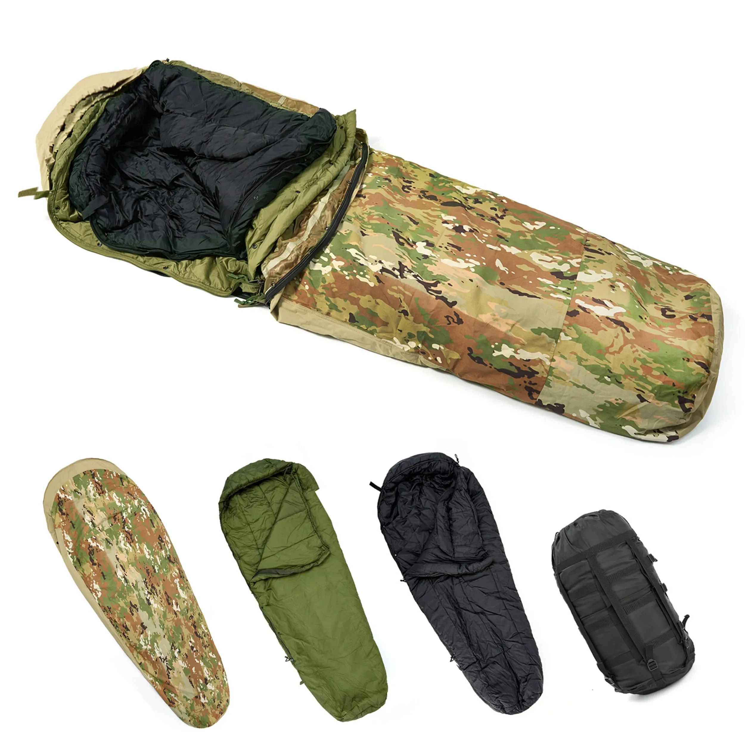 4-Piece Military Modular Sleeping Bag System -40℃ Extreme Cold, Waterproof Bivy Cover