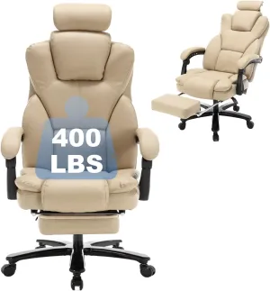 400lbs Big and Tall Recliner Office Chair with Footrest & Headrest, Executive High Back Office Chairs for Heavy People, PU Leather Ergonomic Home Office Desk Chair Reclining Chairs with Wheels, Beige