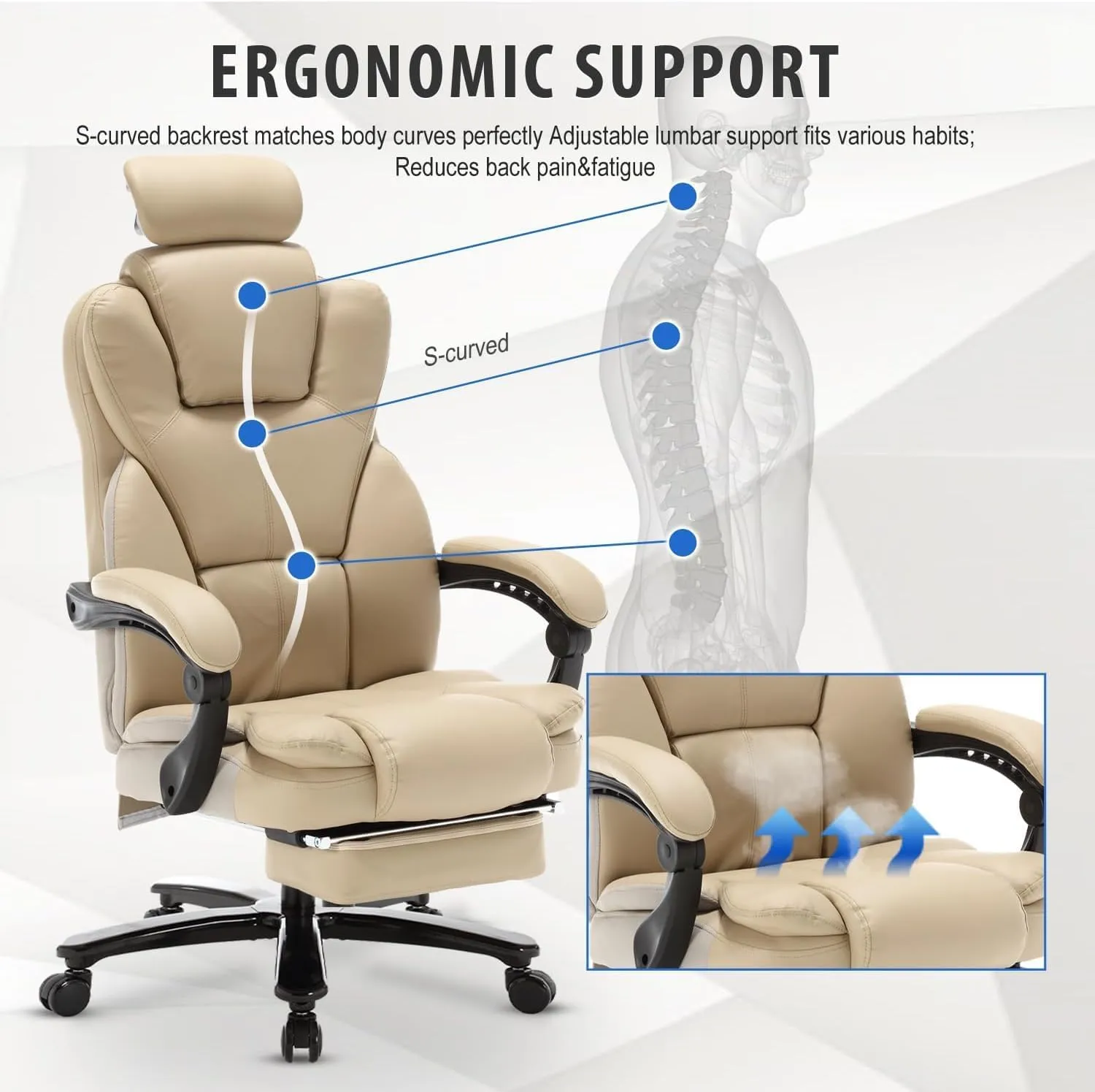 400lbs Big and Tall Recliner Office Chair with Footrest & Headrest, Executive High Back Office Chairs for Heavy People, PU Leather Ergonomic Home Office Desk Chair Reclining Chairs with Wheels, Beige