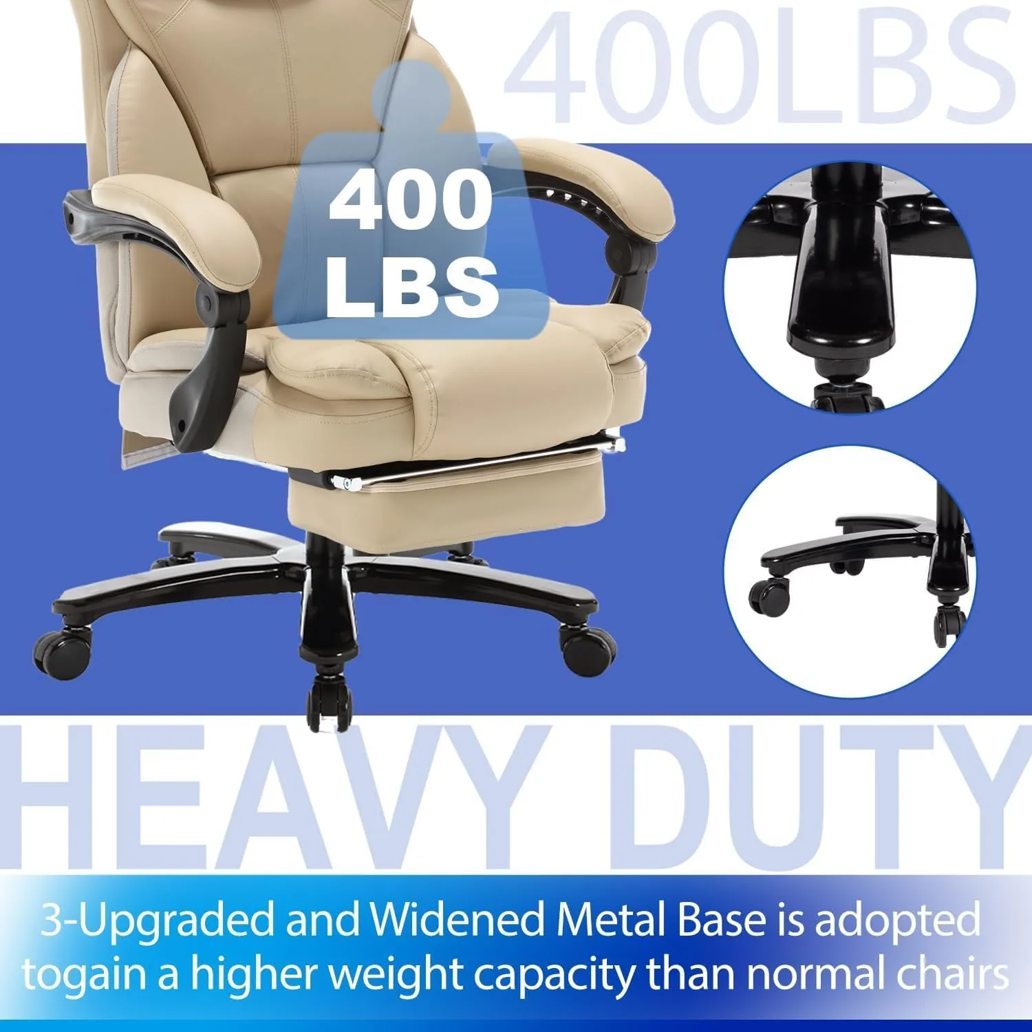 400lbs Big and Tall Recliner Office Chair with Footrest & Headrest, Executive High Back Office Chairs for Heavy People, PU Leather Ergonomic Home Office Desk Chair Reclining Chairs with Wheels, Beige