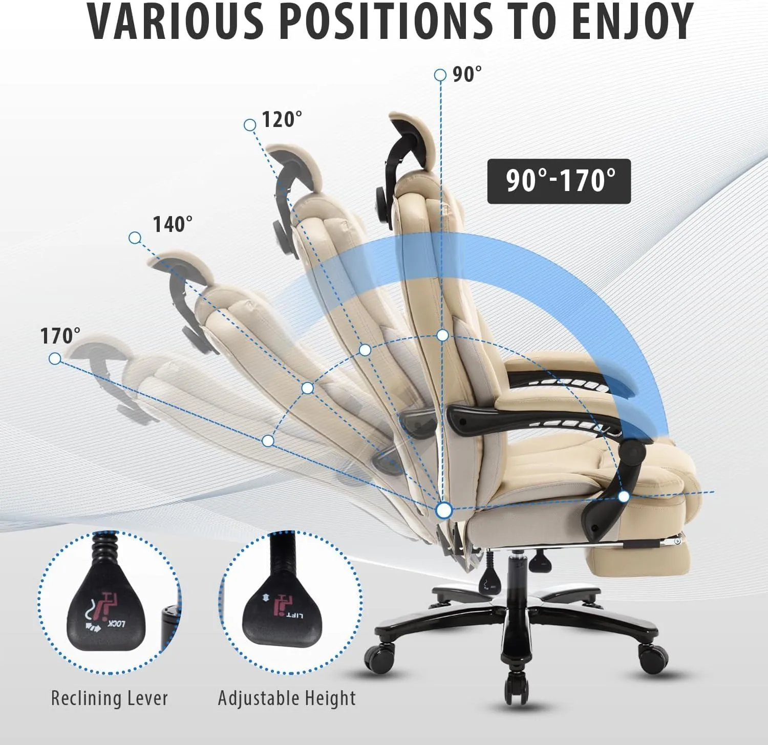 400lbs Big and Tall Recliner Office Chair with Footrest & Headrest, Executive High Back Office Chairs for Heavy People, PU Leather Ergonomic Home Office Desk Chair Reclining Chairs with Wheels, Beige