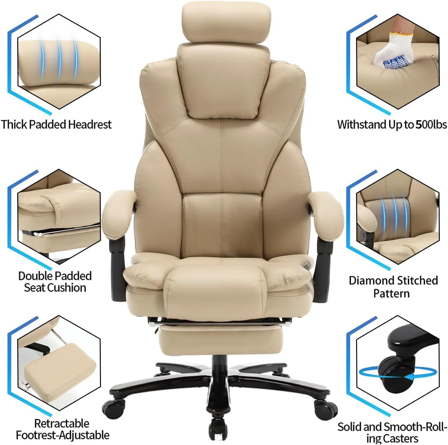 400lbs Big and Tall Recliner Office Chair with Footrest & Headrest, Executive High Back Office Chairs for Heavy People, PU Leather Ergonomic Home Office Desk Chair Reclining Chairs with Wheels, Beige