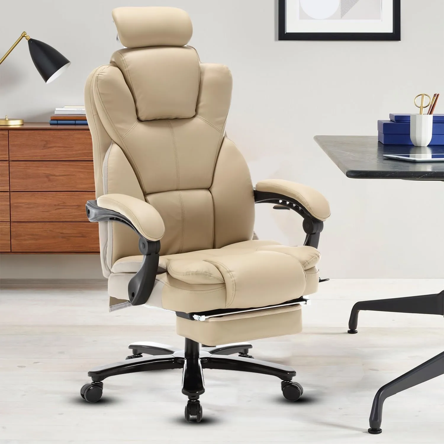 400lbs Big and Tall Recliner Office Chair with Footrest & Headrest, Executive High Back Office Chairs for Heavy People, PU Leather Ergonomic Home Office Desk Chair Reclining Chairs with Wheels, Beige