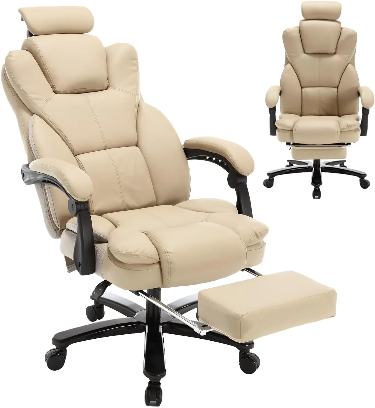 400lbs Big and Tall Recliner Office Chair with Footrest & Headrest, Executive High Back Office Chairs for Heavy People, PU Leather Ergonomic Home Office Desk Chair Reclining Chairs with Wheels, Beige