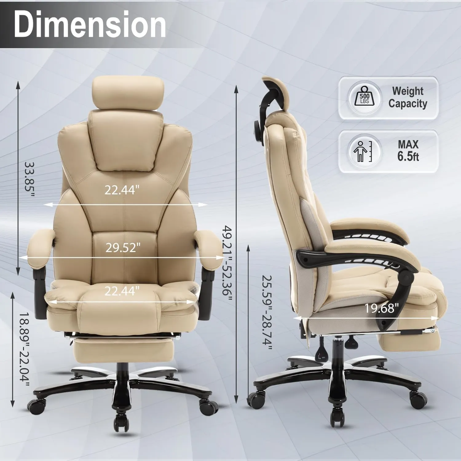 400lbs Big and Tall Recliner Office Chair with Footrest & Headrest, Executive High Back Office Chairs for Heavy People, PU Leather Ergonomic Home Office Desk Chair Reclining Chairs with Wheels, Beige