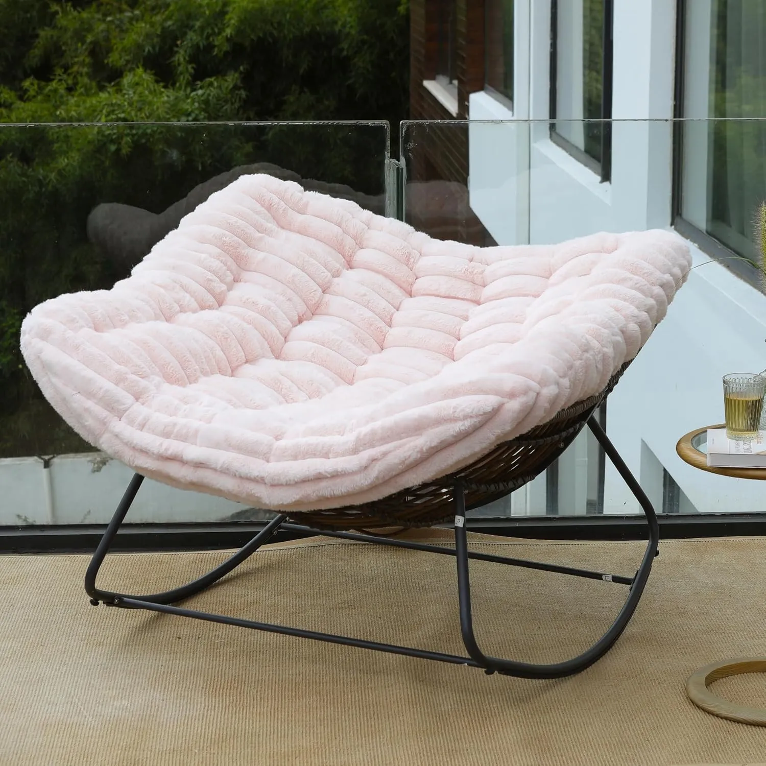 44" Oversized Rocking Chair - 30° Rocker, Patio Rocking Chair with Soft Plush Deep Seat, Modern Indoor Papasan Rocking Chair with Thick Cushion for Bedroom/Porch/Garden, Pink