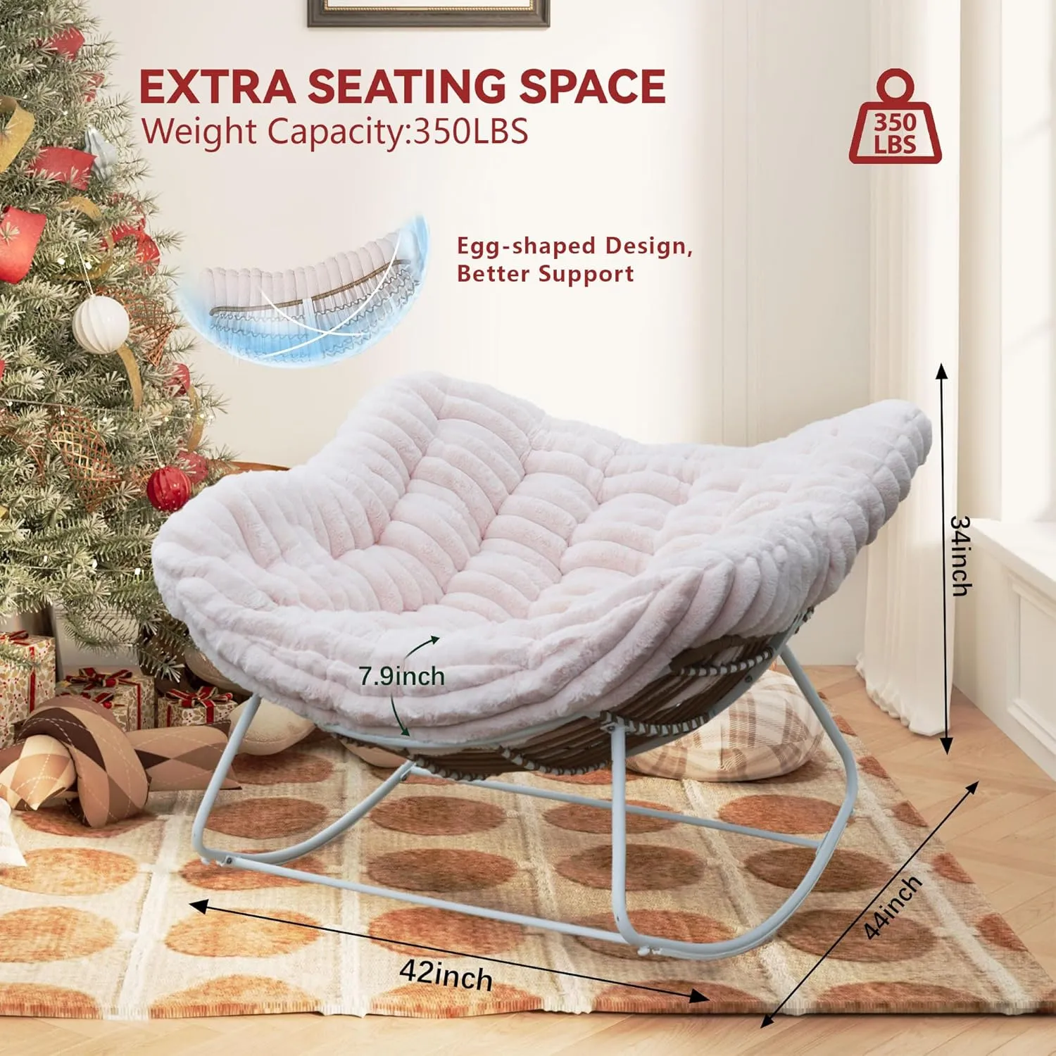 44" Oversized Rocking Chair - 30° Rocker, Patio Rocking Chair with Soft Plush Deep Seat, Modern Indoor Papasan Rocking Chair with Thick Cushion for Bedroom/Porch/Garden, Pink