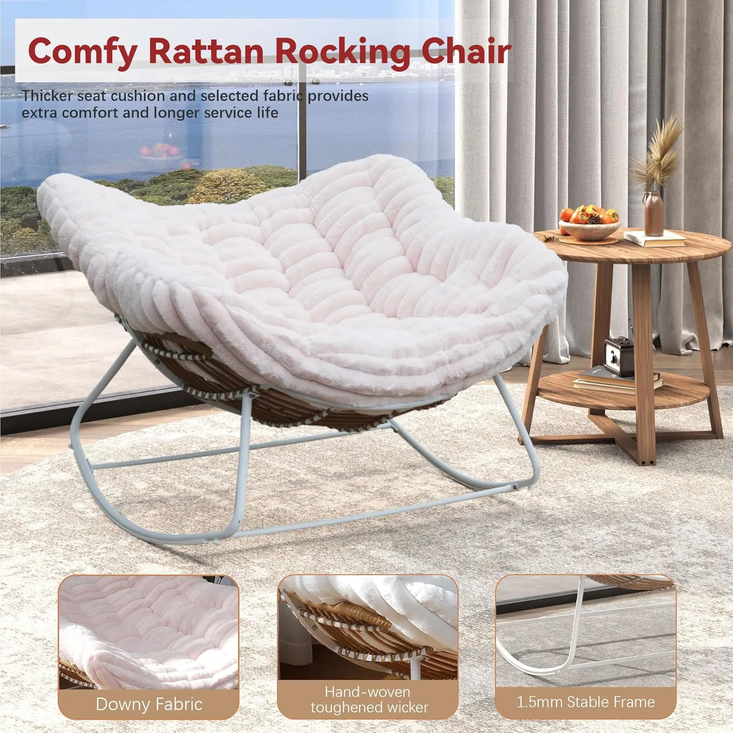 44" Oversized Rocking Chair - 30° Rocker, Patio Rocking Chair with Soft Plush Deep Seat, Modern Indoor Papasan Rocking Chair with Thick Cushion for Bedroom/Porch/Garden, Pink