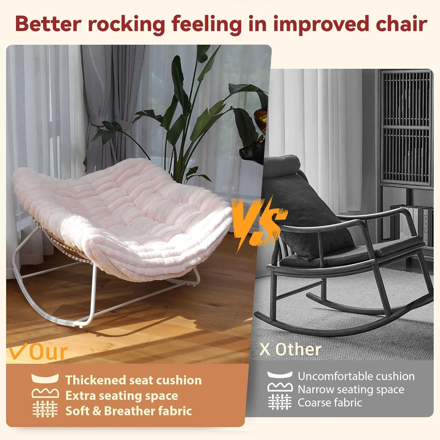 44" Oversized Rocking Chair - 30° Rocker, Patio Rocking Chair with Soft Plush Deep Seat, Modern Indoor Papasan Rocking Chair with Thick Cushion for Bedroom/Porch/Garden, Pink