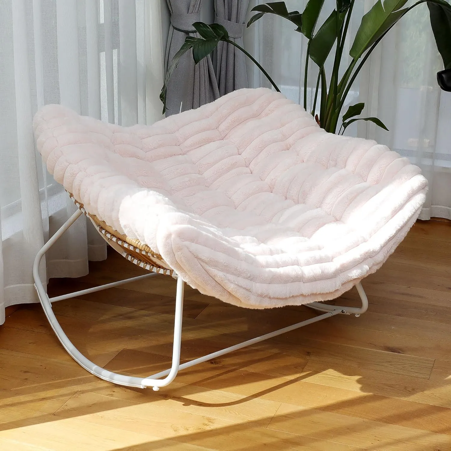 44" Oversized Rocking Chair - 30° Rocker, Patio Rocking Chair with Soft Plush Deep Seat, Modern Indoor Papasan Rocking Chair with Thick Cushion for Bedroom/Porch/Garden, Pink