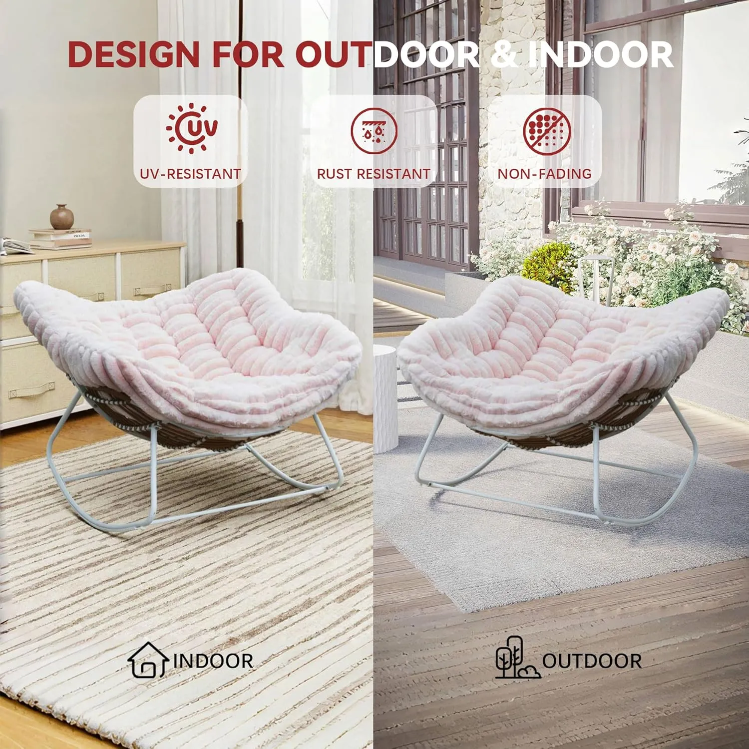 44" Oversized Rocking Chair - 30° Rocker, Patio Rocking Chair with Soft Plush Deep Seat, Modern Indoor Papasan Rocking Chair with Thick Cushion for Bedroom/Porch/Garden, Pink