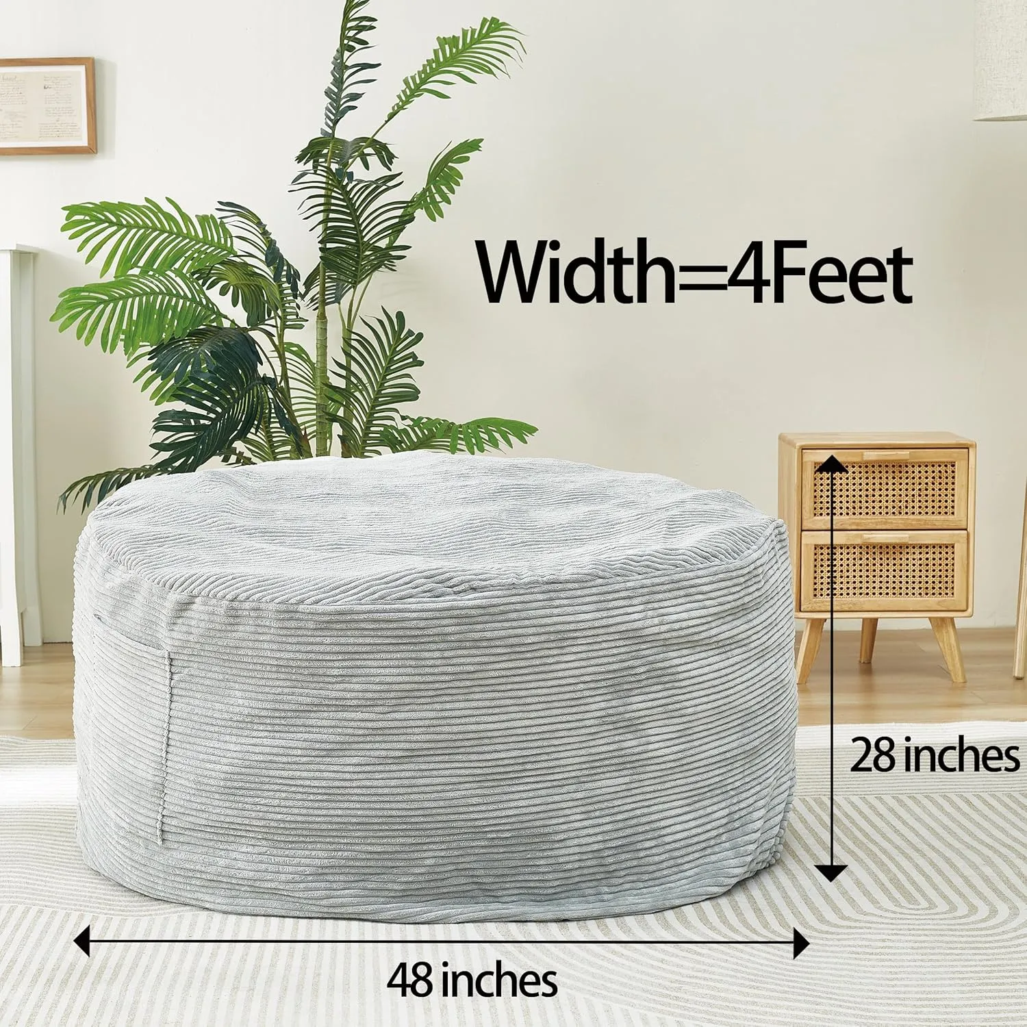 48 Inches / 4 Feet Bean Bag Chair with Memory Foam Filler for Adults and Kids, Ultra Soft Light Gray Corduroy Cover, Living Room Use, Comfortable Wrap （Corduroy 4 feet）