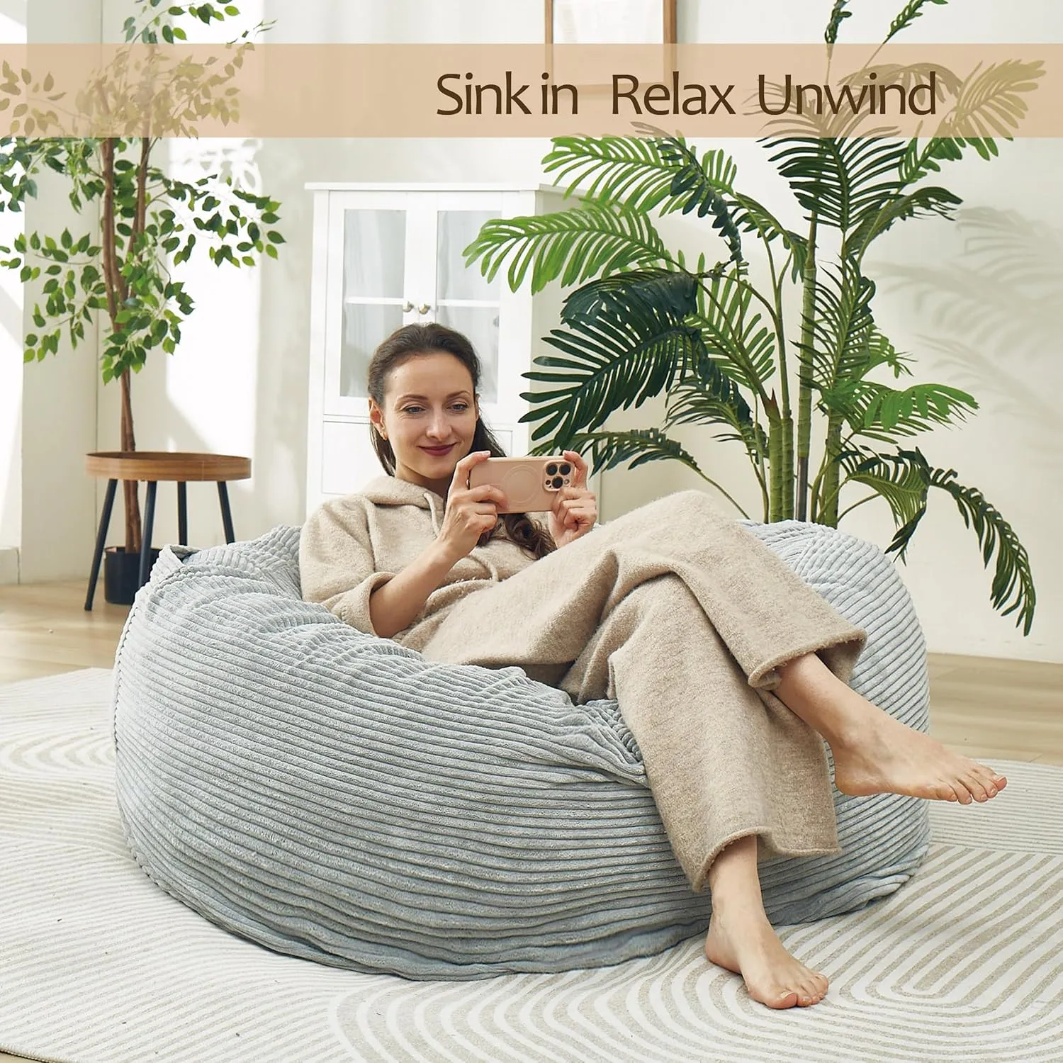 48 Inches / 4 Feet Bean Bag Chair with Memory Foam Filler for Adults and Kids, Ultra Soft Light Gray Corduroy Cover, Living Room Use, Comfortable Wrap （Corduroy 4 feet）