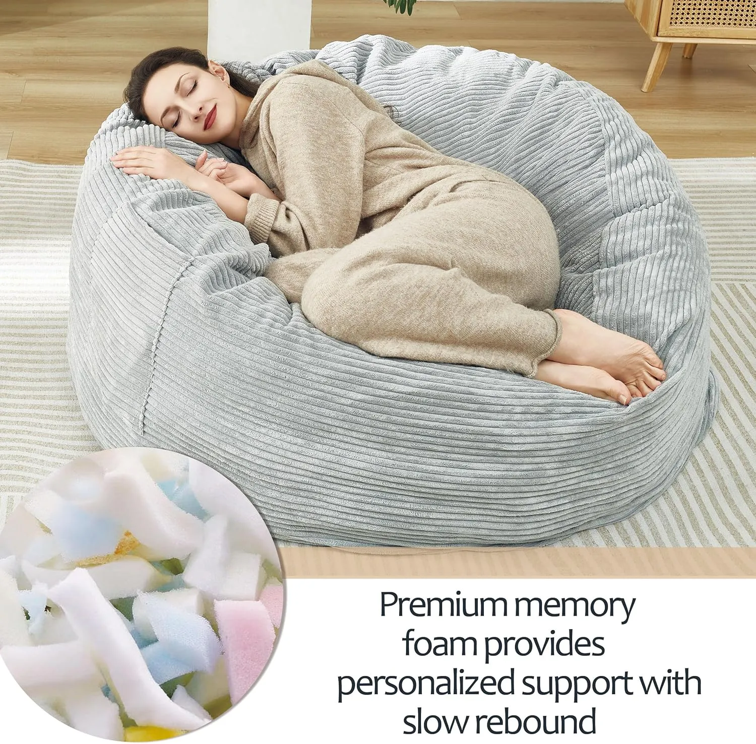 48 Inches / 4 Feet Bean Bag Chair with Memory Foam Filler for Adults and Kids, Ultra Soft Light Gray Corduroy Cover, Living Room Use, Comfortable Wrap （Corduroy 4 feet）