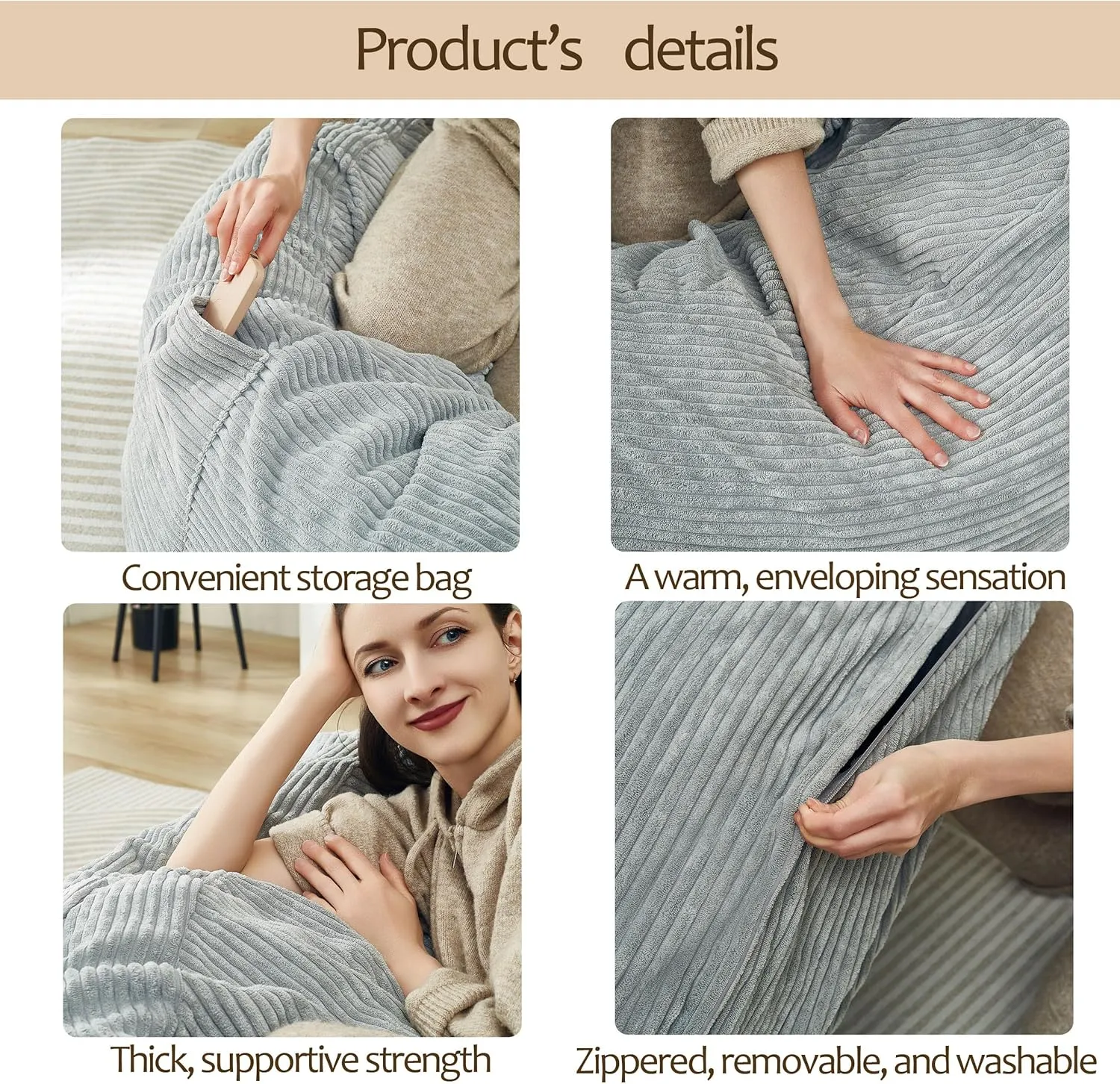 48 Inches / 4 Feet Bean Bag Chair with Memory Foam Filler for Adults and Kids, Ultra Soft Light Gray Corduroy Cover, Living Room Use, Comfortable Wrap （Corduroy 4 feet）