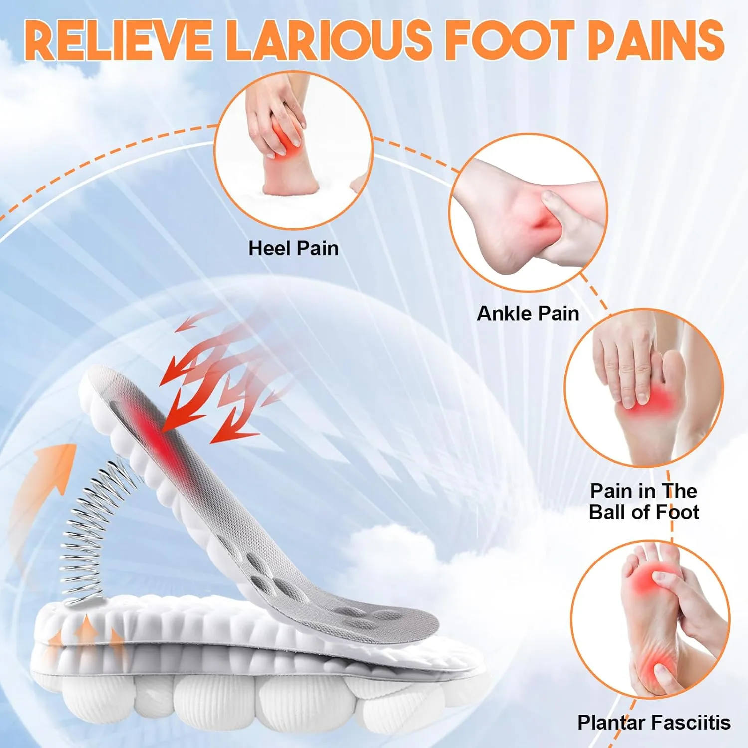 4D Insoles - 4D Cloud Technology Insole - Super Soft, Ultra Comfort Insoles, Plantar Fasciitis Insoles, 4D Sports Shoes Insoles, Acupoint Massage Insole for Foot & Joint Support (Gray, 9-10)