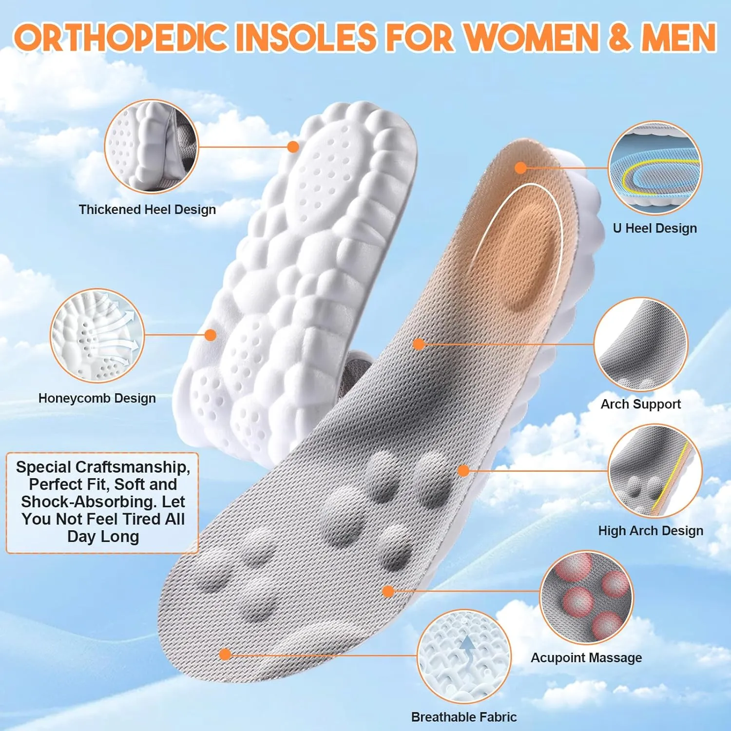 4D Insoles - 4D Cloud Technology Insole - Super Soft, Ultra Comfort Insoles, Plantar Fasciitis Insoles, 4D Sports Shoes Insoles, Acupoint Massage Insole for Foot & Joint Support (Gray, 9-10)