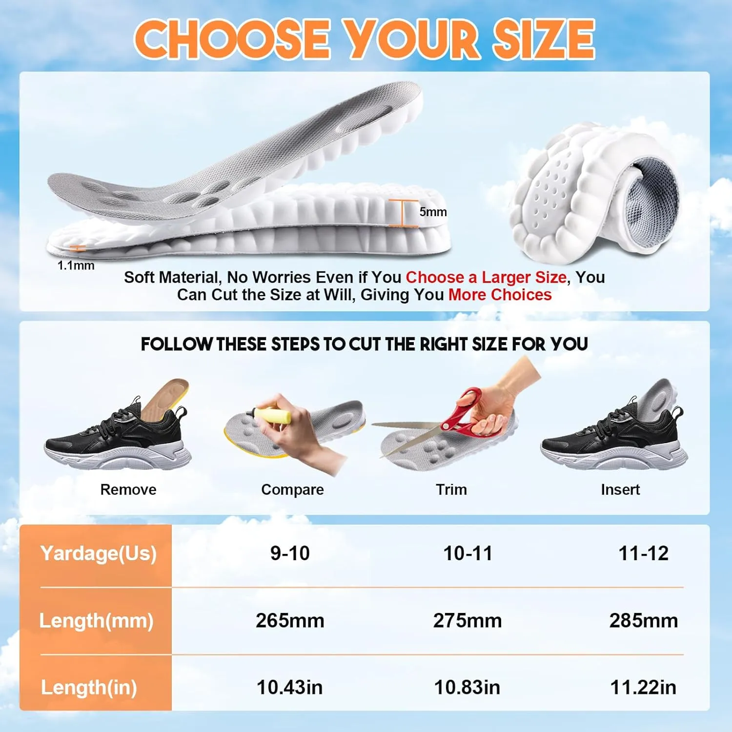 4D Insoles - 4D Cloud Technology Insole - Super Soft, Ultra Comfort Insoles, Plantar Fasciitis Insoles, 4D Sports Shoes Insoles, Acupoint Massage Insole for Foot & Joint Support (Gray, 9-10)