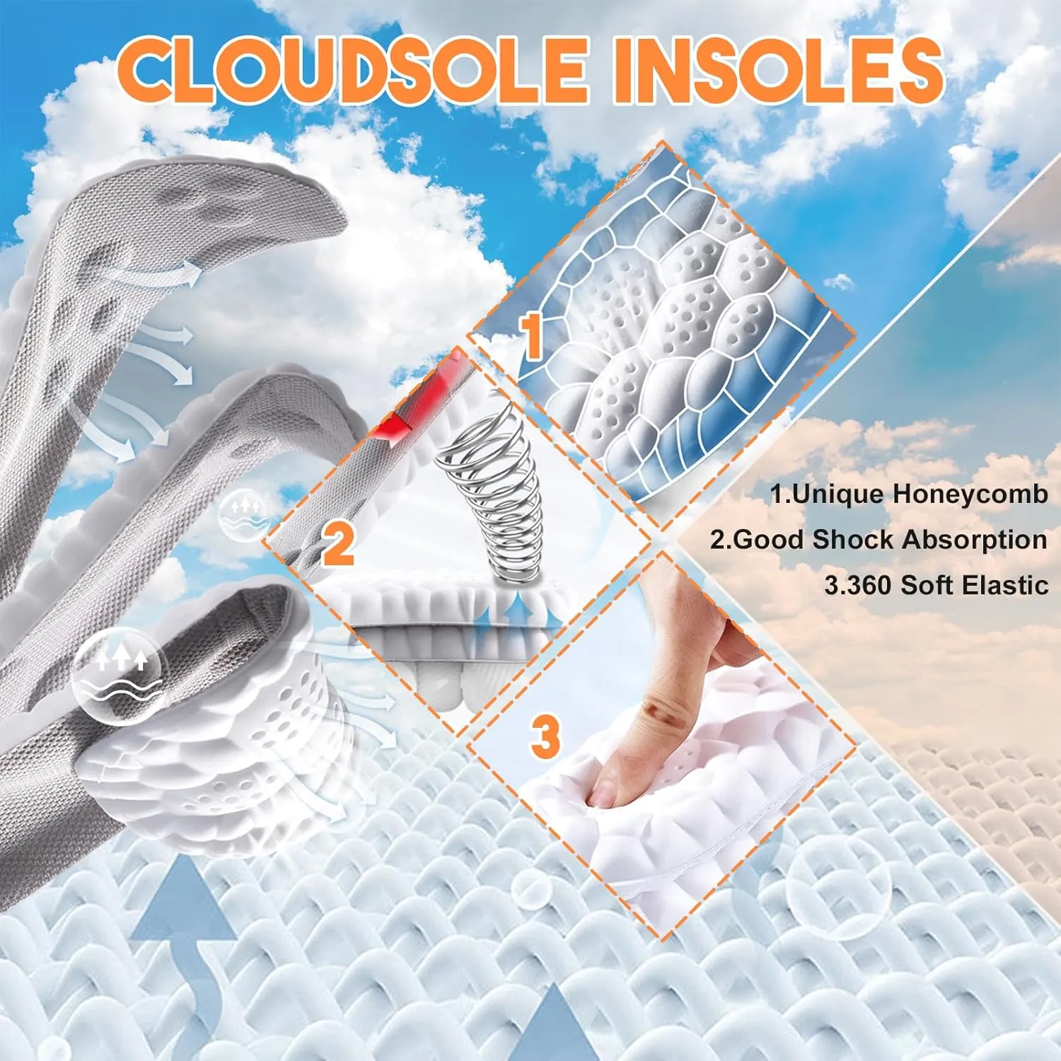 4D Insoles - 4D Cloud Technology Insole - Super Soft, Ultra Comfort Insoles, Plantar Fasciitis Insoles, 4D Sports Shoes Insoles, Acupoint Massage Insole for Foot & Joint Support (Gray, 9-10)