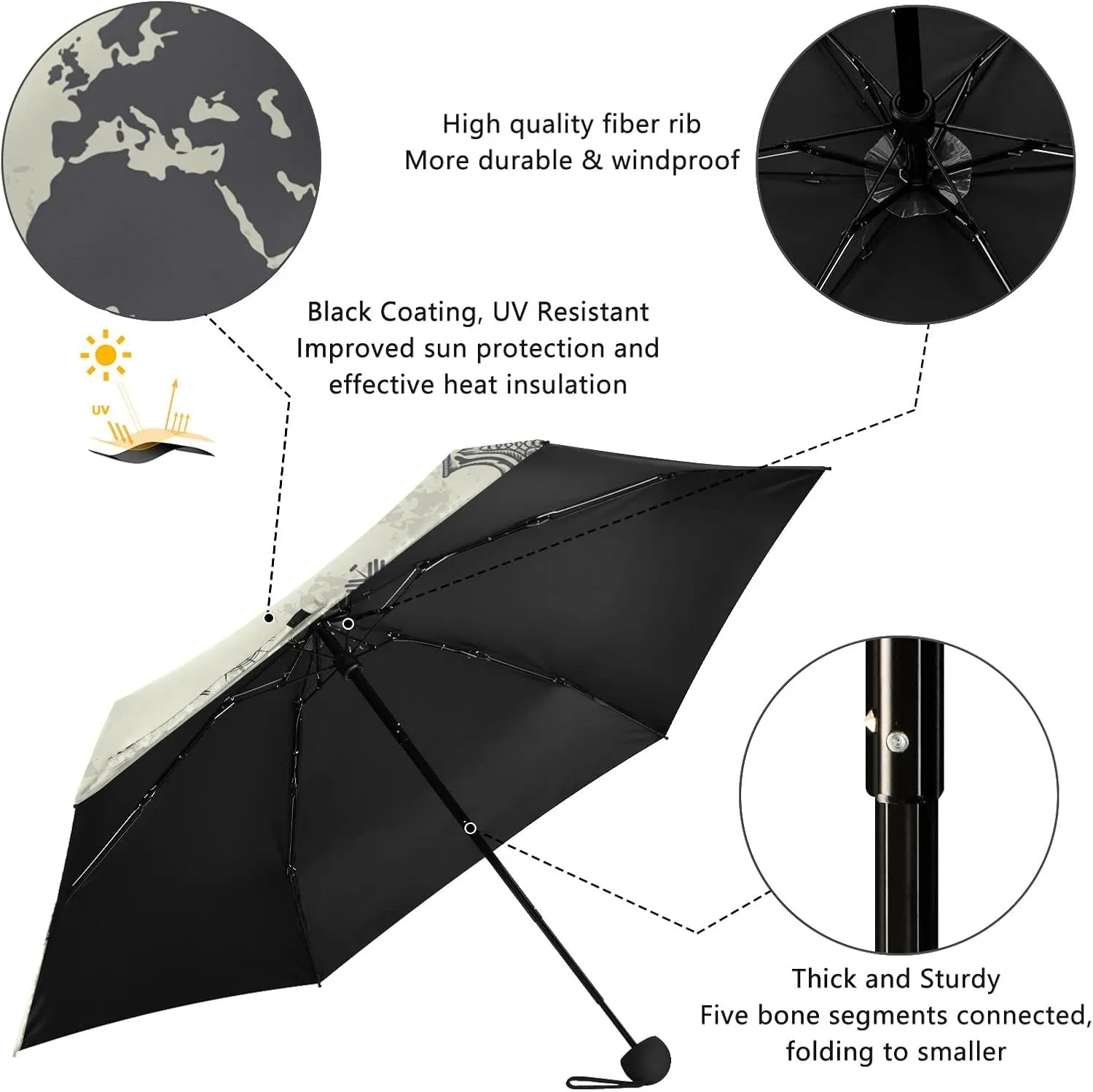5 Folding Compact Pocket Windproof Umbrella, 6 Ribs Ultra-Light Foldable Vinyl Parasol, Mini Anti-UV Travel Umbrella