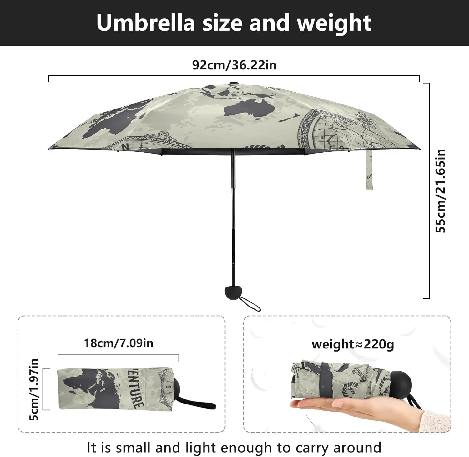 5 Folding Compact Pocket Windproof Umbrella, 6 Ribs Ultra-Light Foldable Vinyl Parasol, Mini Anti-UV Travel Umbrella