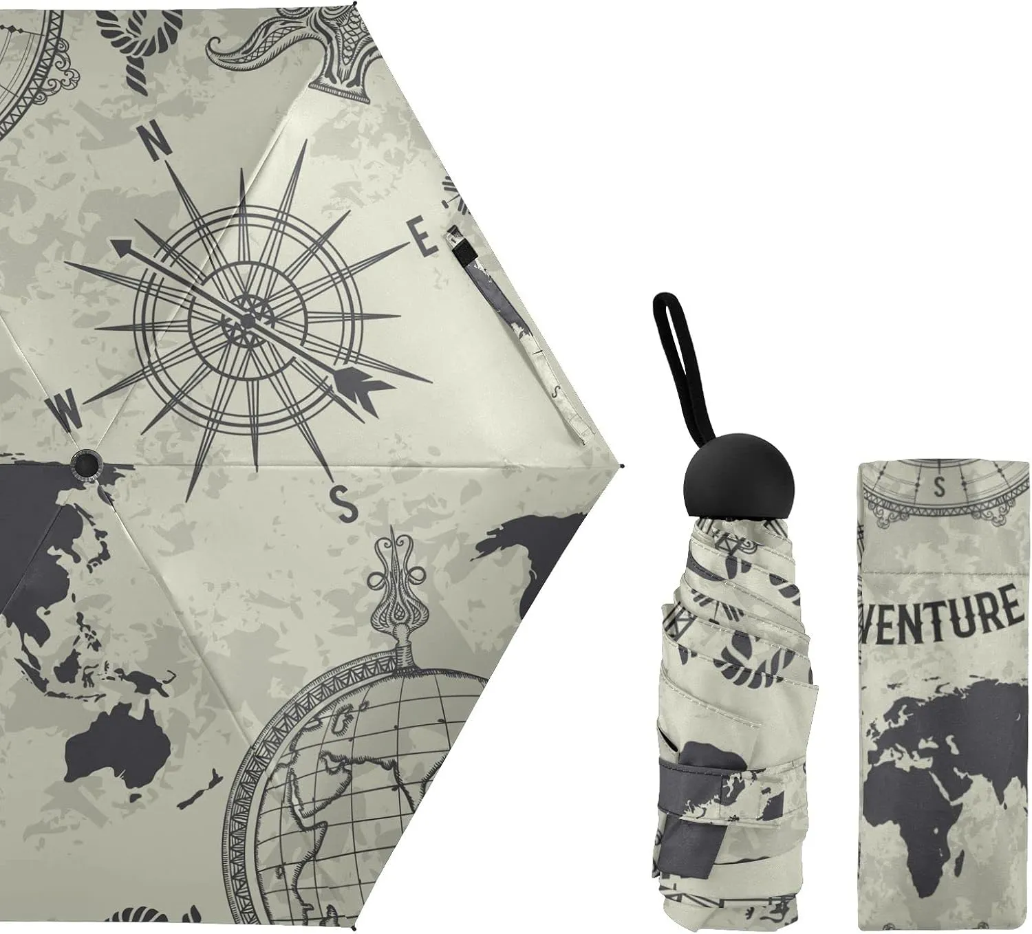 5 Folding Compact Pocket Windproof Umbrella, 6 Ribs Ultra-Light Foldable Vinyl Parasol, Mini Anti-UV Travel Umbrella