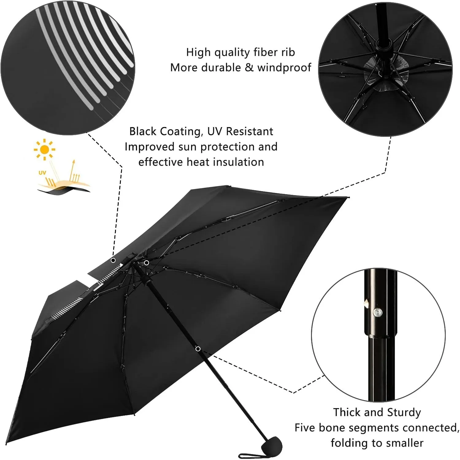 5 Folding Compact Pocket Windproof Umbrella, 6 Ribs Ultra-Light Foldable Vinyl Parasol, Small Mini Anti-UV Travel Umbrella