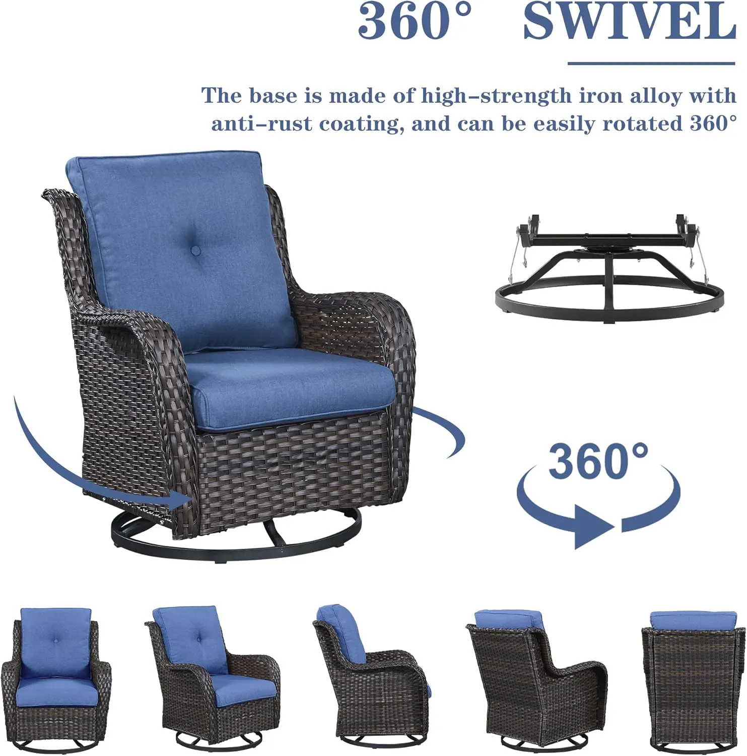 5 Piece Outdoor Patio Furniture Set - Wicker Furniture Patio Conversation Set, Outdoor Swivel Rocker Chairs with 3-Seater Sofa and 2 Ottomans for Small Space, Blue Cushion