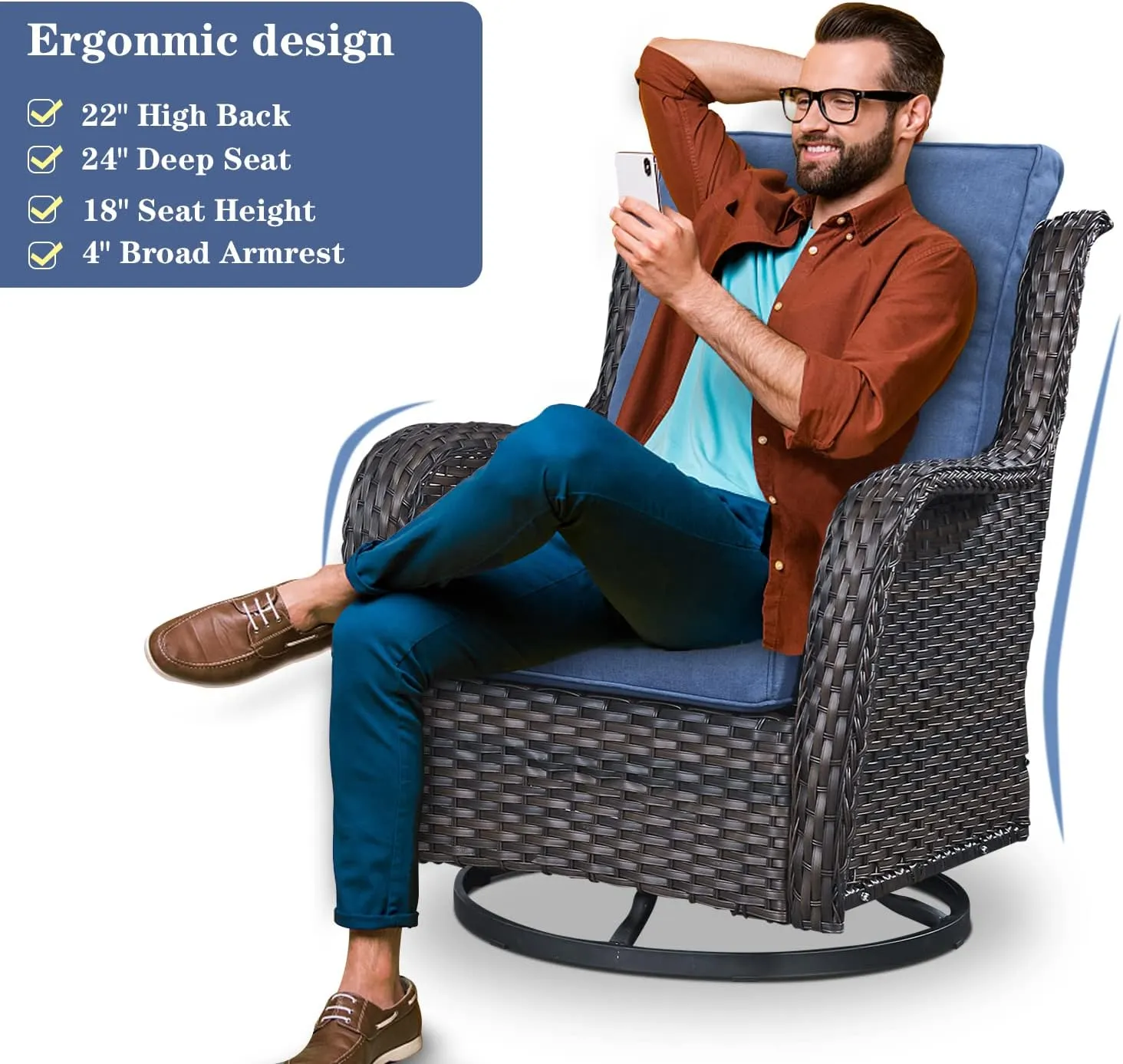 5 Piece Outdoor Patio Furniture Set - Wicker Furniture Patio Conversation Set, Outdoor Swivel Rocker Chairs with 3-Seater Sofa and 2 Ottomans for Small Space, Blue Cushion