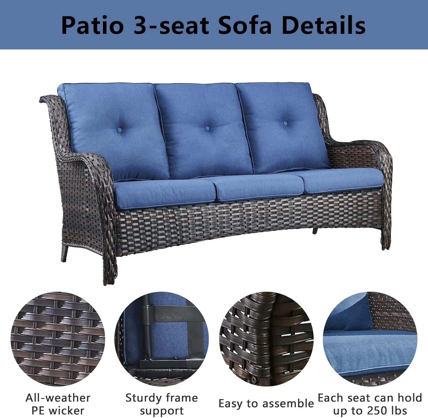 5 Piece Outdoor Patio Furniture Set - Wicker Furniture Patio Conversation Set, Outdoor Swivel Rocker Chairs with 3-Seater Sofa and 2 Ottomans for Small Space, Blue Cushion