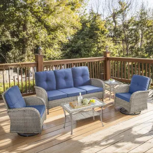 5 Piece Patio Furniture Sets - Wicker Patio Conversation Sets with Swivel Glider, 3 Seat Sofa, Tempered Glass Side Table and Coffee Table for Deck Backyard - Grey Wicker Blue Cushion