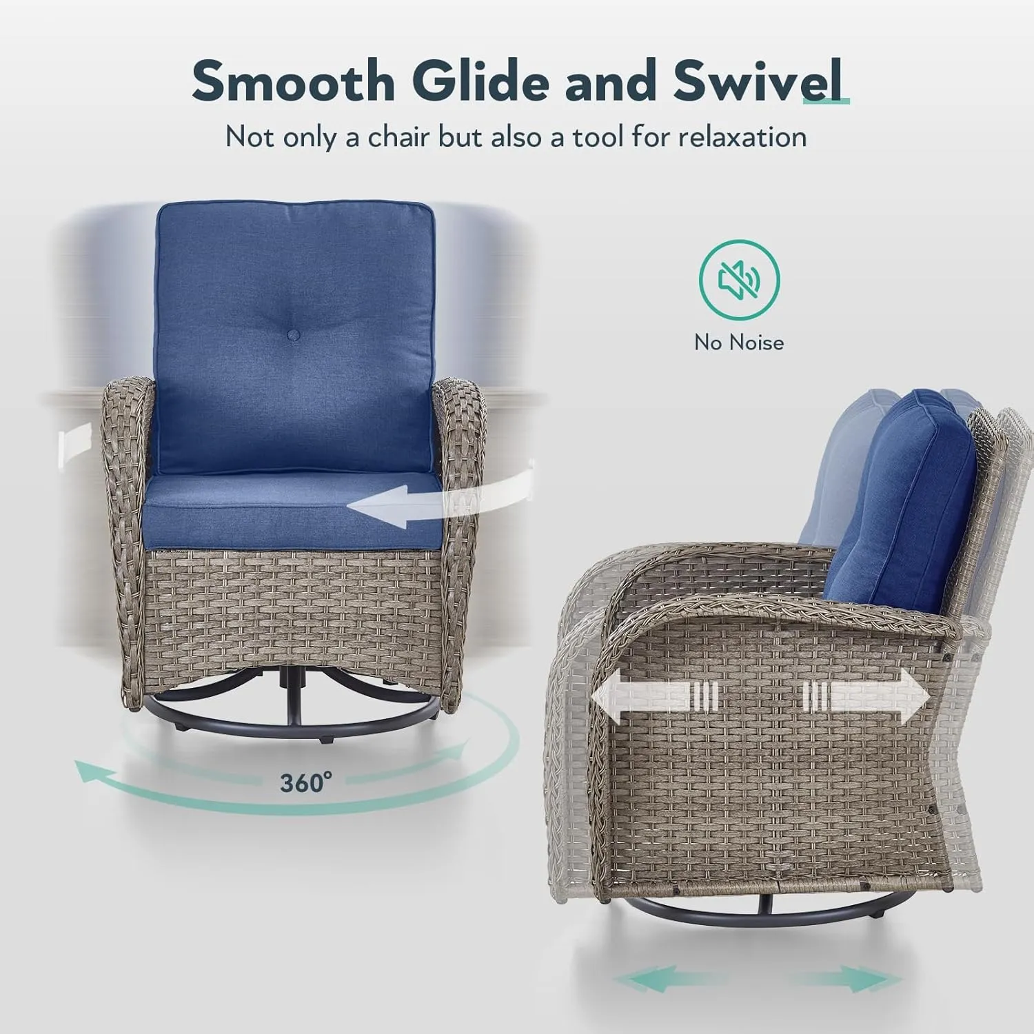 5 Piece Patio Furniture Sets - Wicker Patio Conversation Sets with Swivel Glider, 3 Seat Sofa, Tempered Glass Side Table and Coffee Table for Deck Backyard - Grey Wicker Blue Cushion