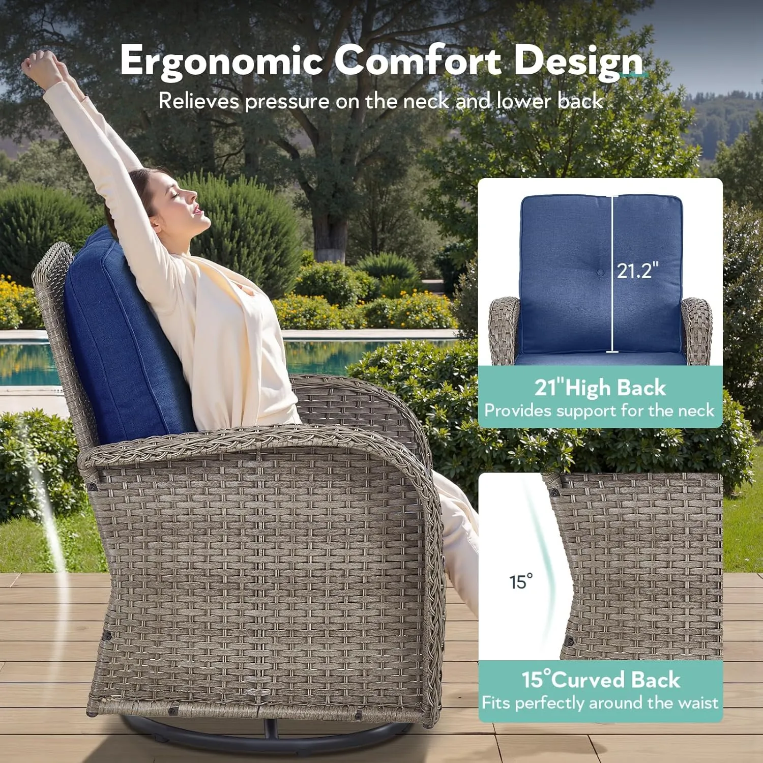 5 Piece Patio Furniture Sets - Wicker Patio Conversation Sets with Swivel Glider, 3 Seat Sofa, Tempered Glass Side Table and Coffee Table for Deck Backyard - Grey Wicker Blue Cushion