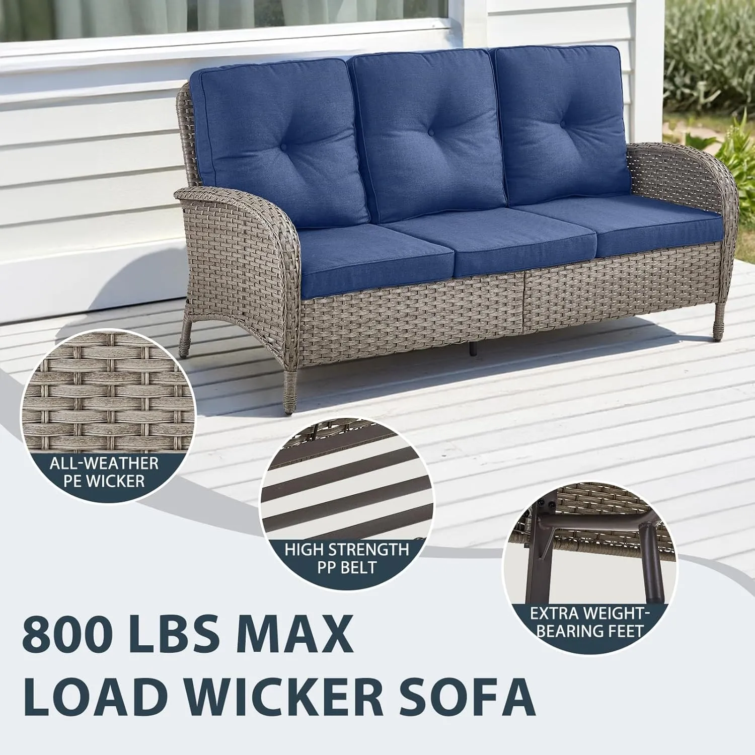 5 Piece Patio Furniture Sets - Wicker Patio Conversation Sets with Swivel Glider, 3 Seat Sofa, Tempered Glass Side Table and Coffee Table for Deck Backyard - Grey Wicker Blue Cushion
