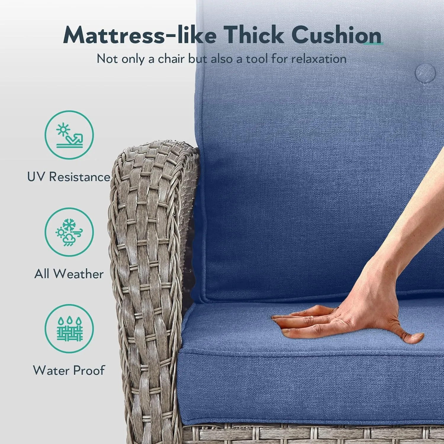 5 Piece Patio Furniture Sets - Wicker Patio Conversation Sets with Swivel Glider, 3 Seat Sofa, Tempered Glass Side Table and Coffee Table for Deck Backyard - Grey Wicker Blue Cushion