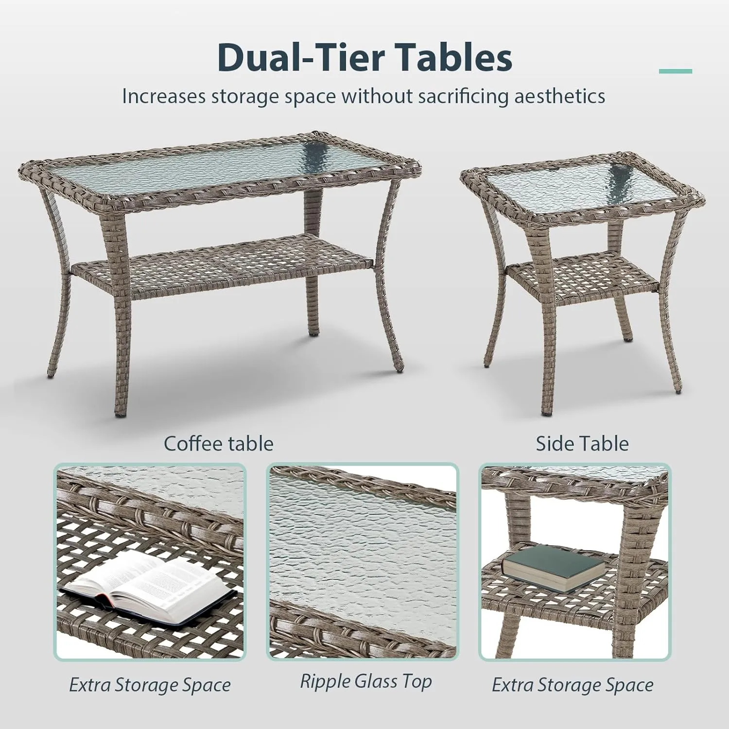 5 Piece Patio Furniture Sets - Wicker Patio Conversation Sets with Swivel Glider, 3 Seat Sofa, Tempered Glass Side Table and Coffee Table for Deck Backyard - Grey Wicker Blue Cushion