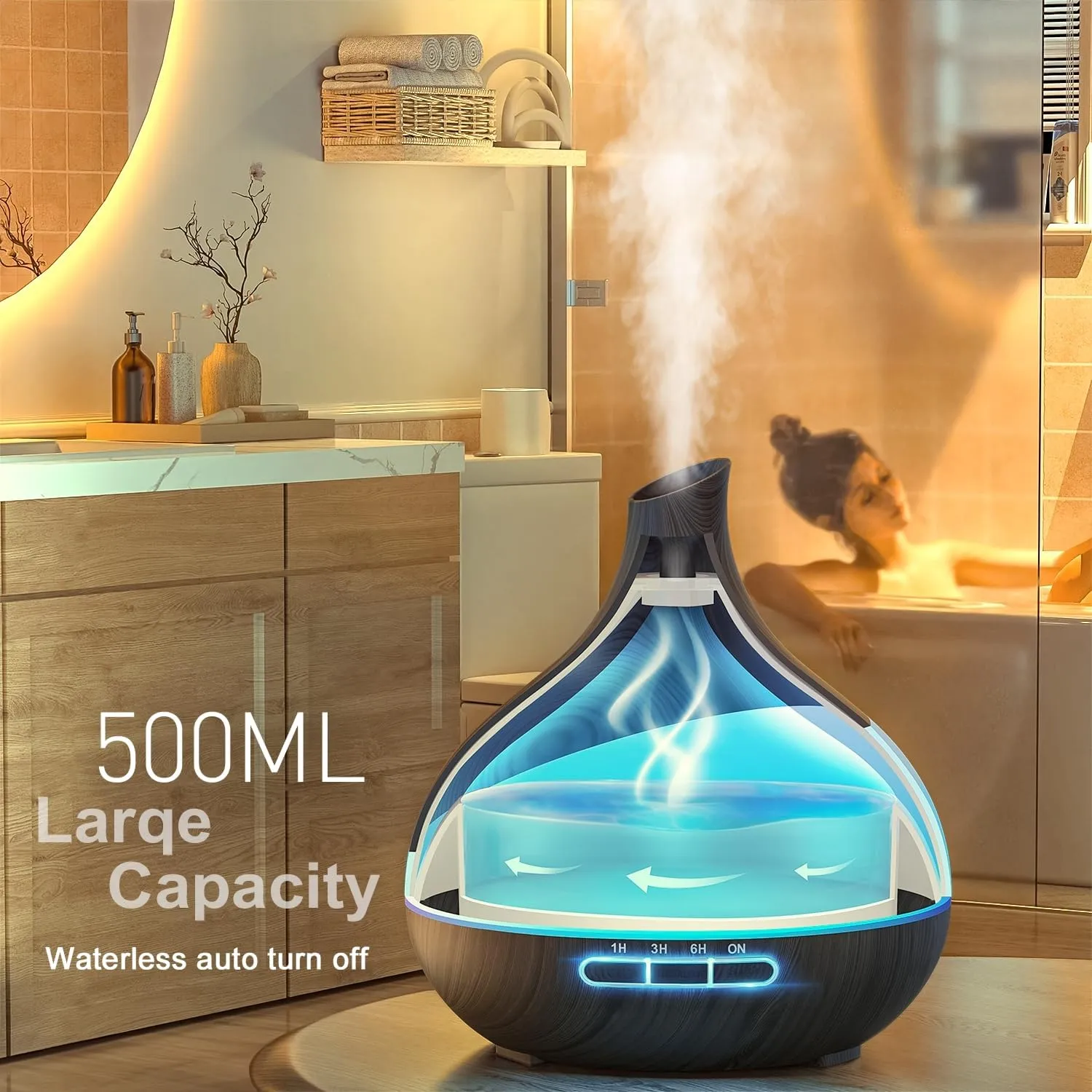 500ML Essential Oil Diffuser: Aroma Diffuser with Remote Control for Hotel Spa Yoga Room - Humidifier with 14 Colors LED Night Light for Bedroom Home Relaxation (Ink Black)