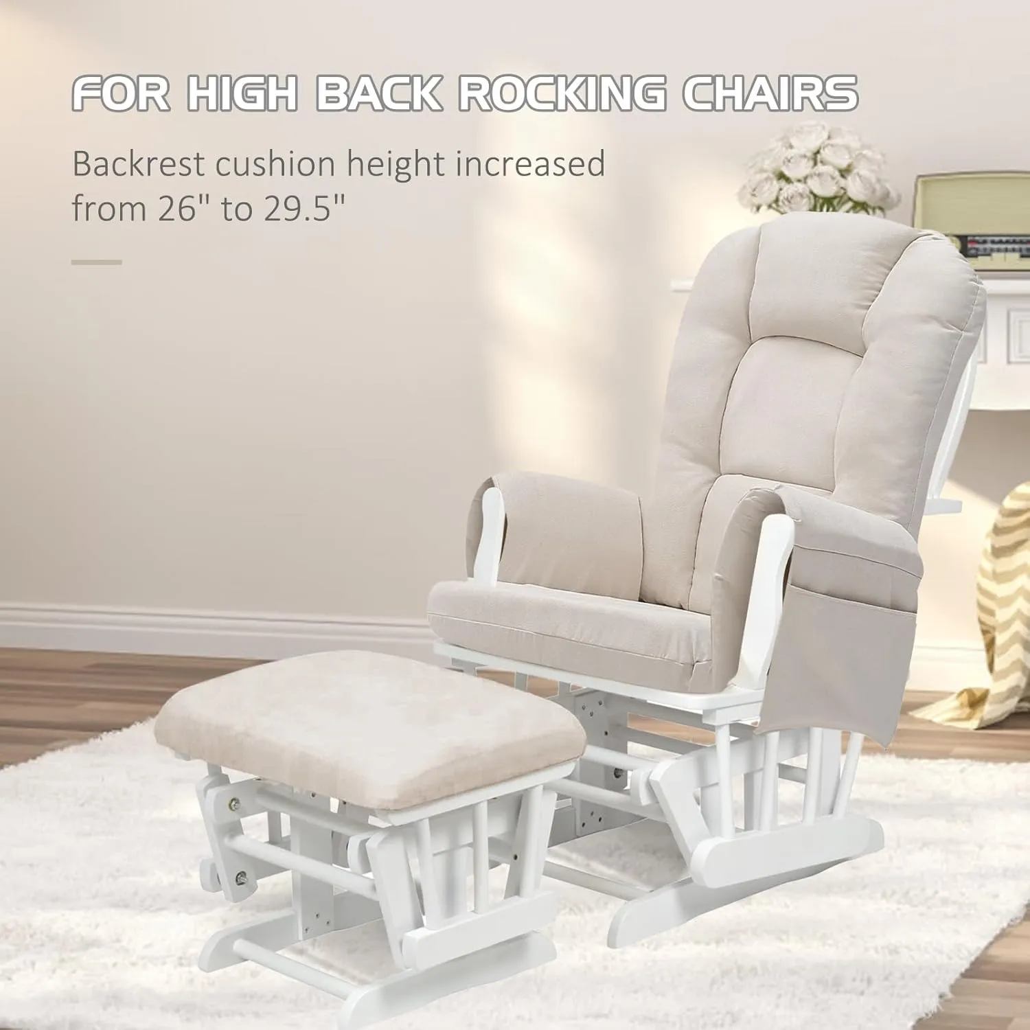 5PCS Suede Glider Rocker Replacement Cushions with Ottoman Cover Thicken Soft Rocking Chair Cushion Set for Indoor Nursery Glider Rocking Chair, Beige