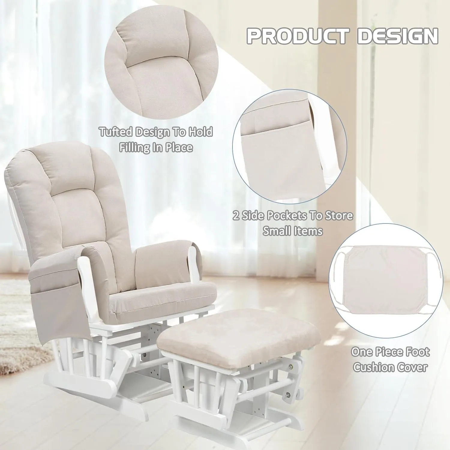 5PCS Suede Glider Rocker Replacement Cushions with Ottoman Cover Thicken Soft Rocking Chair Cushion Set for Indoor Nursery Glider Rocking Chair, Beige
