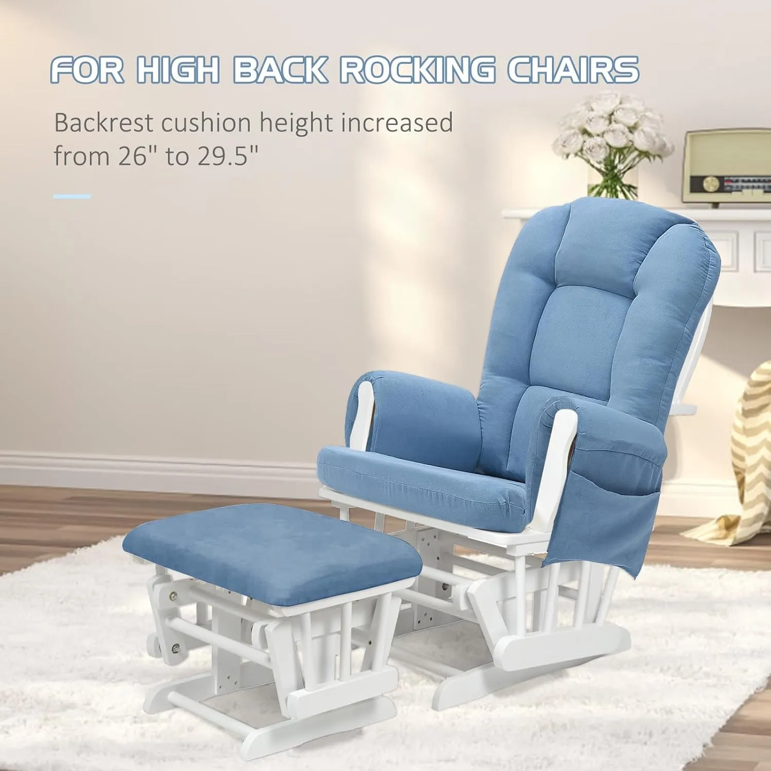 5PCS Suede Glider Rocker Replacement Cushions with Ottoman Cover Thicken Soft Rocking Chair Cushion Set for Indoor Nursery Glider Rocking Chair, Blue