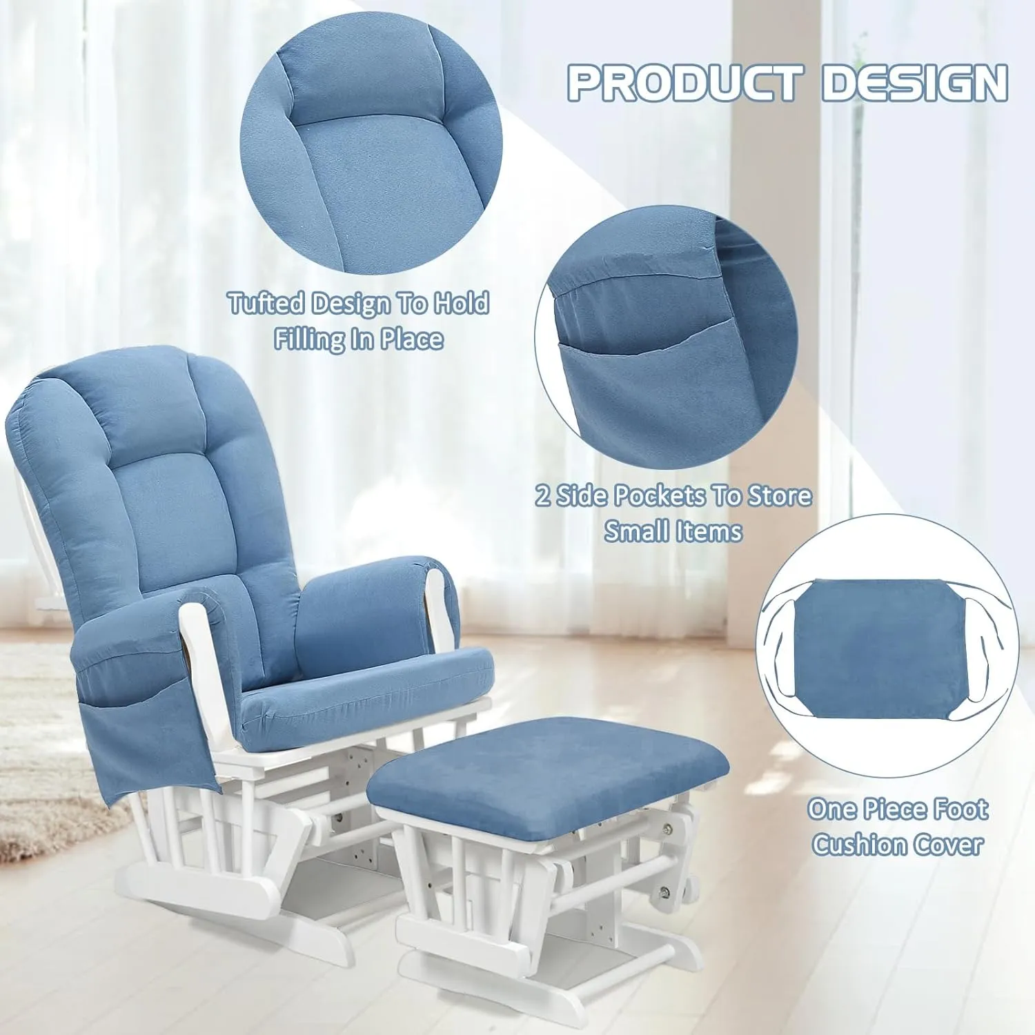 5PCS Suede Glider Rocker Replacement Cushions with Ottoman Cover Thicken Soft Rocking Chair Cushion Set for Indoor Nursery Glider Rocking Chair, Blue