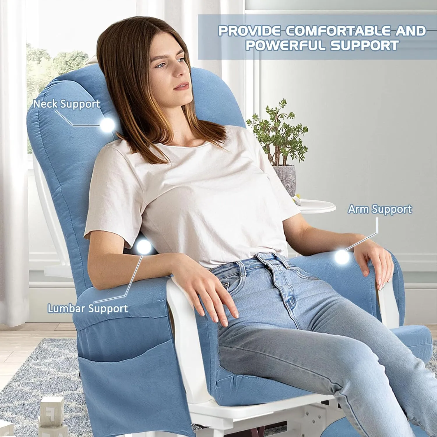 5PCS Suede Glider Rocker Replacement Cushions with Ottoman Cover Thicken Soft Rocking Chair Cushion Set for Indoor Nursery Glider Rocking Chair, Blue