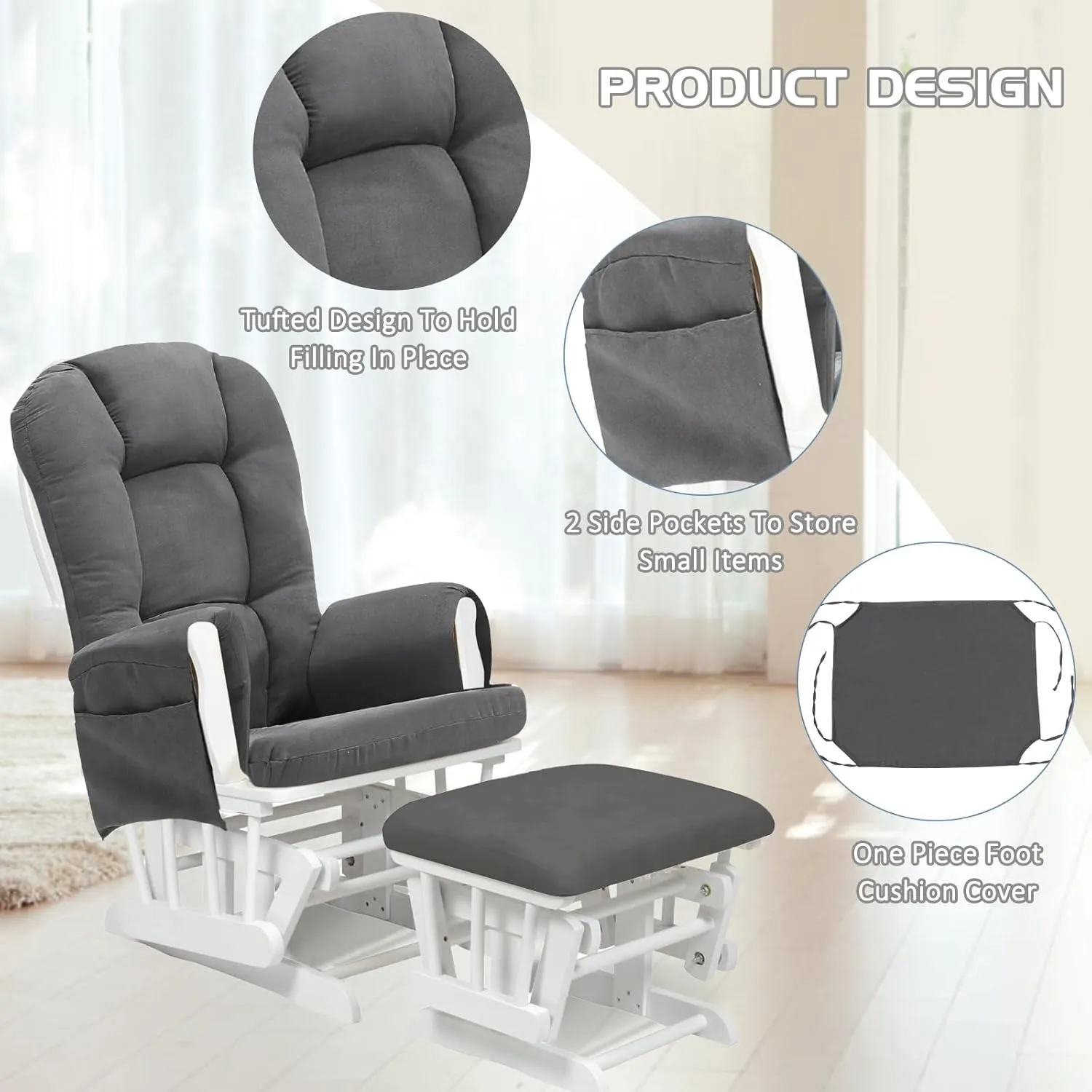 5PCS Suede Glider Rocker Replacement Cushions with Ottoman Cover Thicken Soft Rocking Chair Cushion Set for Indoor Nursery Glider Rocking Chair, Dark Gray