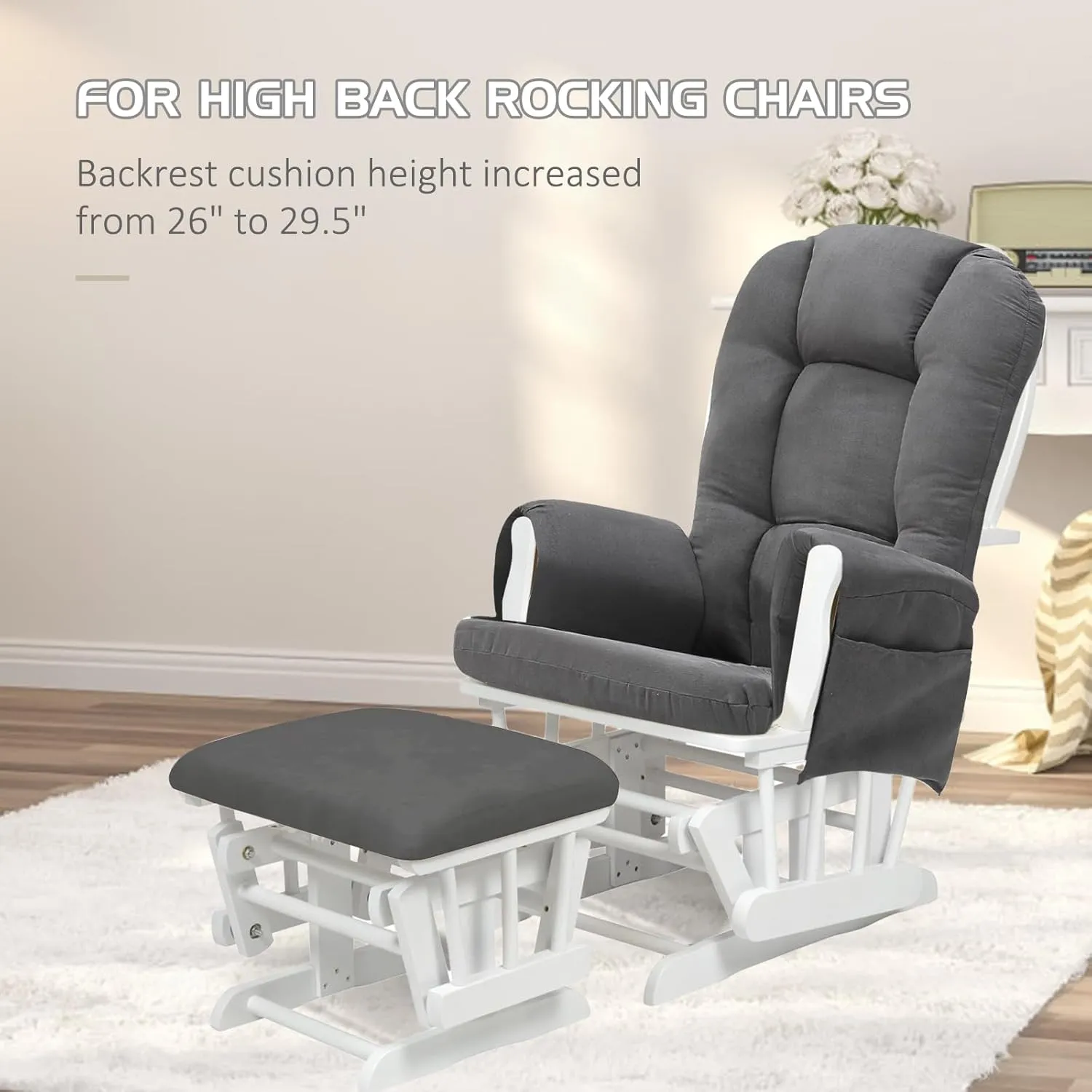 5PCS Suede Glider Rocker Replacement Cushions with Ottoman Cover Thicken Soft Rocking Chair Cushion Set for Indoor Nursery Glider Rocking Chair, Dark Gray