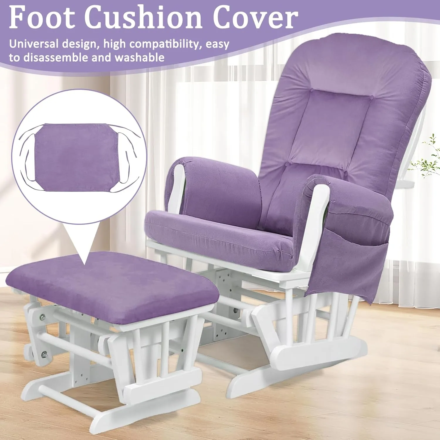5PCS Velvet Glider Rocker Replacement Cushions with Ottoman Cover Soft Thicken Rocking Chair Cushion Set for Indoor Nursery Glider Rocking Chair, Lavender