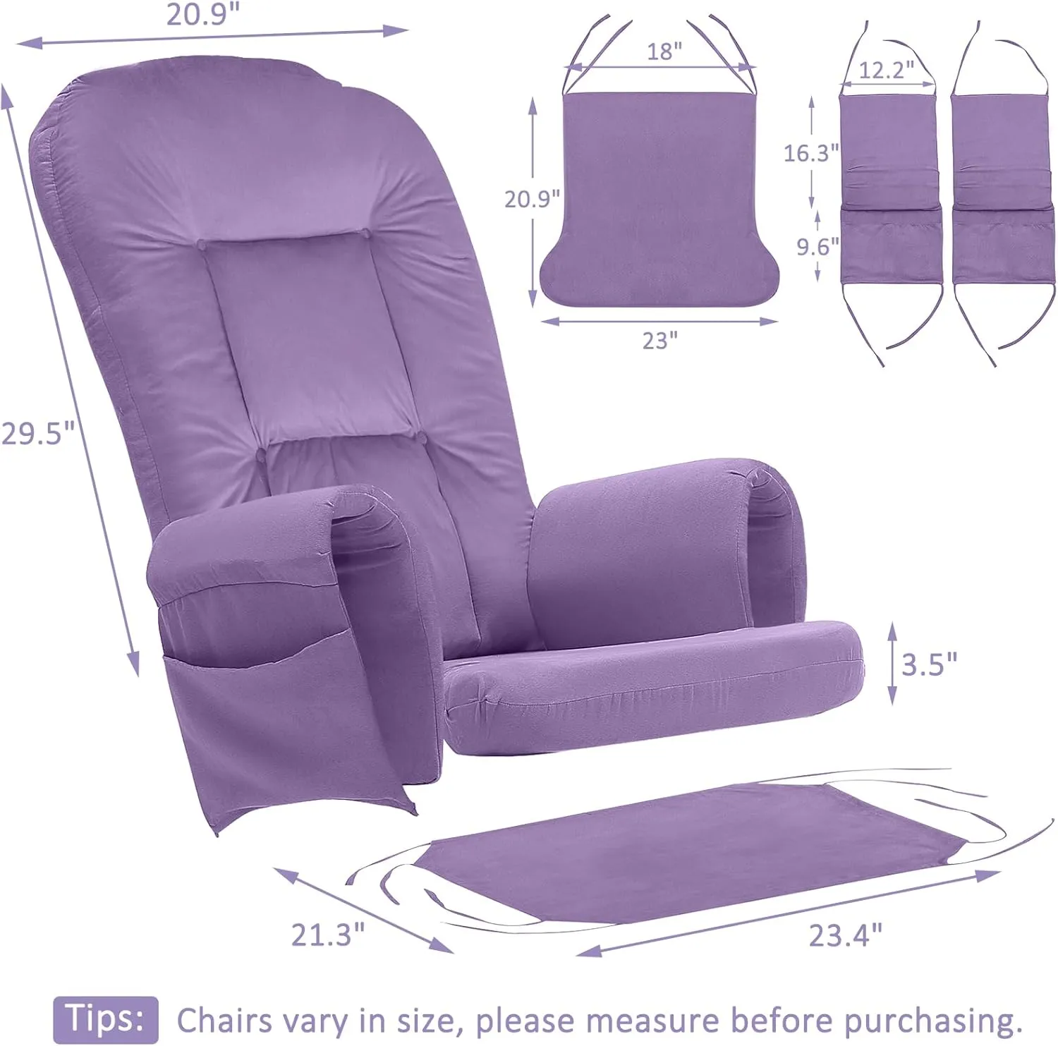 5PCS Velvet Glider Rocker Replacement Cushions with Ottoman Cover Soft Thicken Rocking Chair Cushion Set for Indoor Nursery Glider Rocking Chair, Lavender
