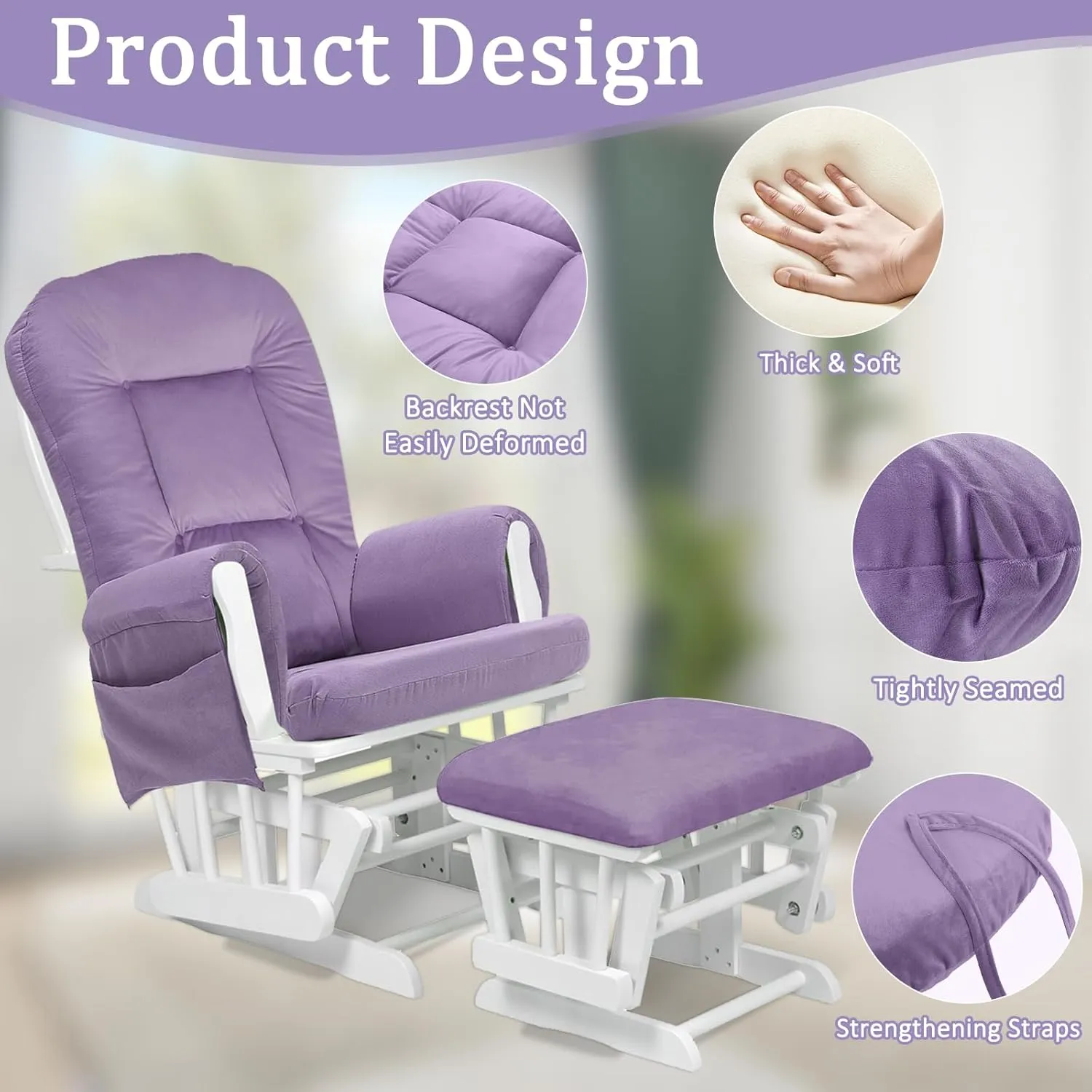 5PCS Velvet Glider Rocker Replacement Cushions with Ottoman Cover Soft Thicken Rocking Chair Cushion Set for Indoor Nursery Glider Rocking Chair, Lavender