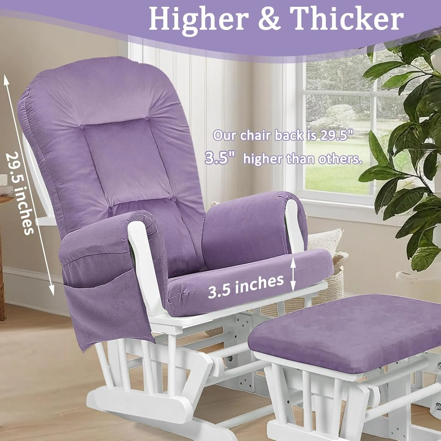 5PCS Velvet Glider Rocker Replacement Cushions with Ottoman Cover Soft Thicken Rocking Chair Cushion Set for Indoor Nursery Glider Rocking Chair, Lavender